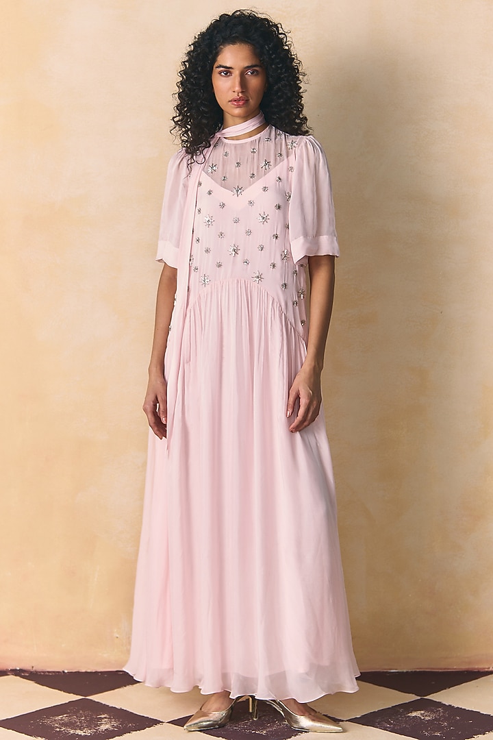 Primrose Pink Tabby Silk Embellished Vacation Dress by Zwaan at Pernia's Pop Up Shop
