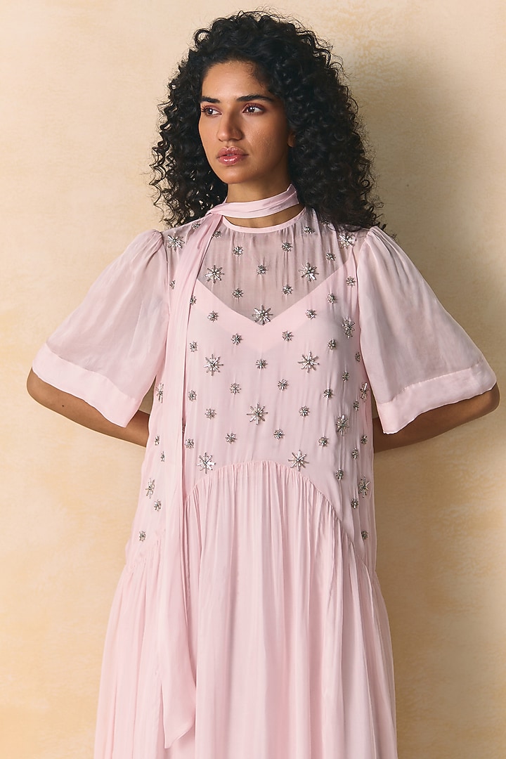 Primrose Pink Tabby Silk Embellished Vacation Dress by Zwaan at Pernia's Pop Up Shop