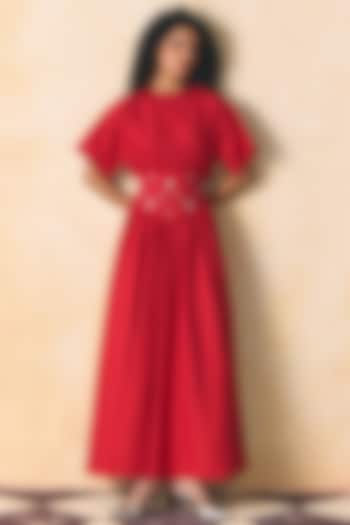 Red Cotton Poplin Embroidered Corset Vacation Dress by Zwaan at Pernia's Pop Up Shop