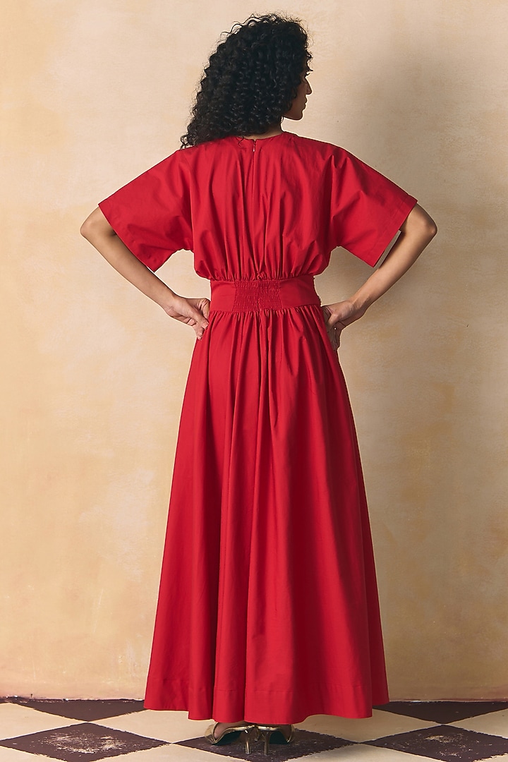 Red Cotton Poplin Embroidered Corset Vacation Dress by Zwaan at Pernia's Pop Up Shop