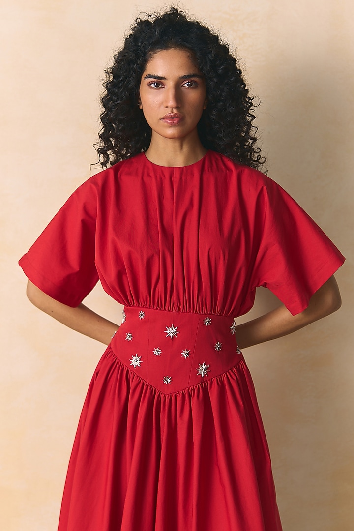 Red Cotton Poplin Embroidered Corset Vacation Dress by Zwaan at Pernia's Pop Up Shop