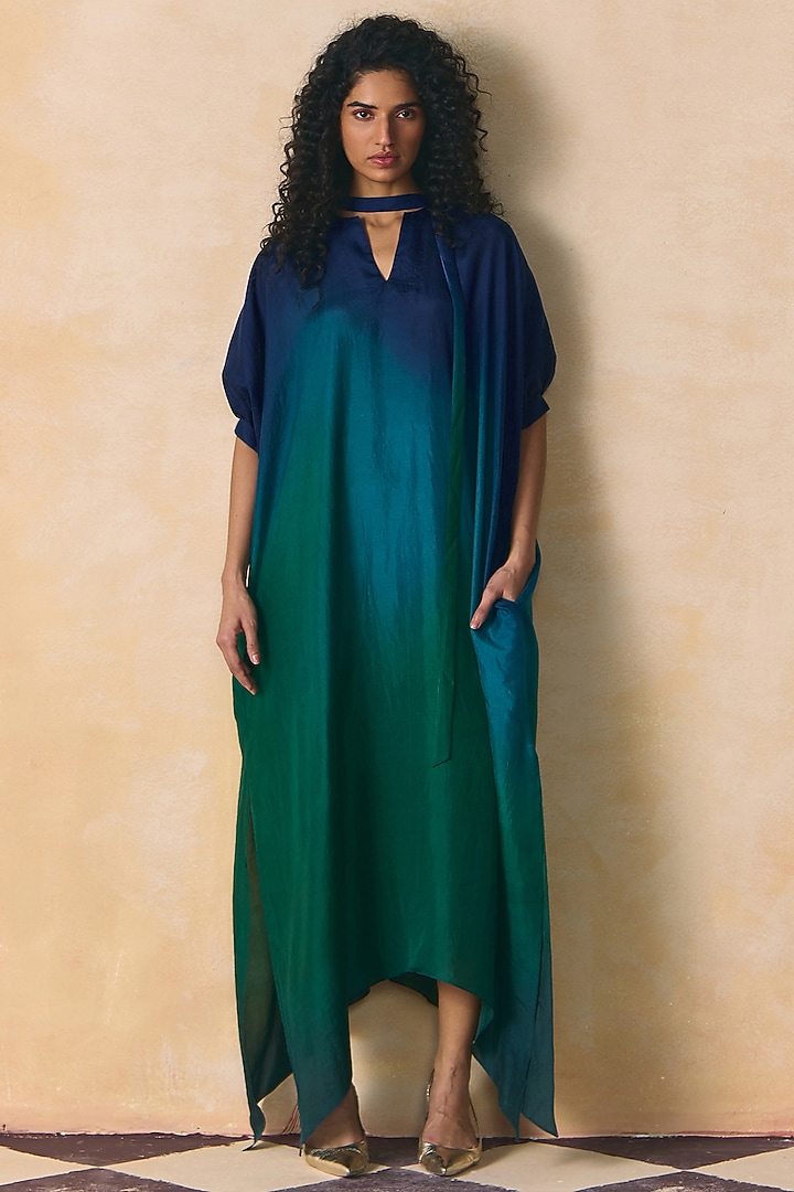 Blue & Green Silk Printed Ombre Vacation Dress by Zwaan at Pernia's Pop Up Shop