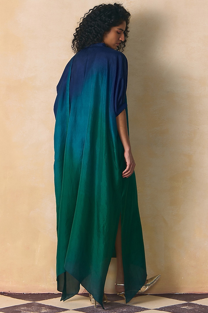Blue & Green Silk Printed Ombre Vacation Dress by Zwaan at Pernia's Pop Up Shop