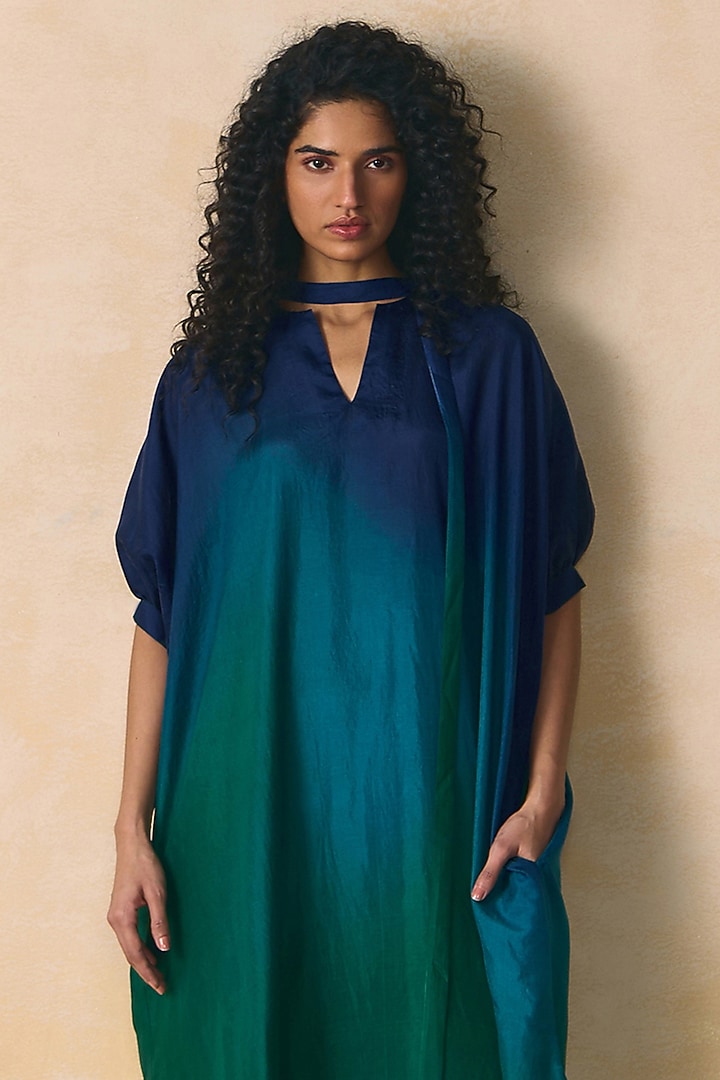Blue & Green Silk Printed Ombre Vacation Dress by Zwaan at Pernia's Pop Up Shop