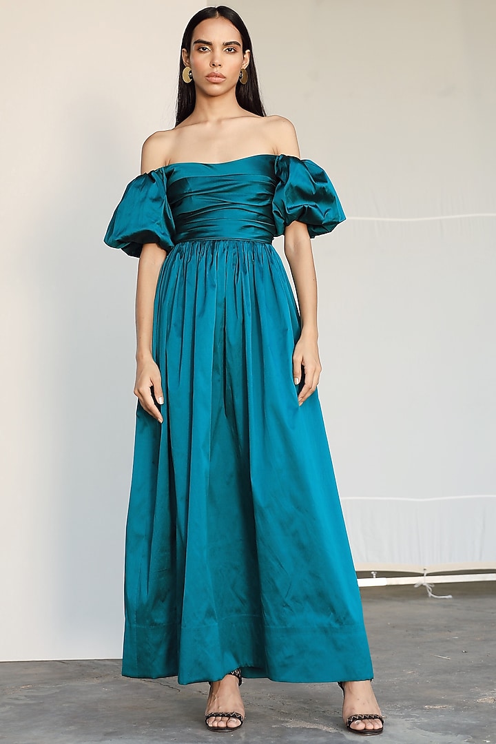 Teal Blue Off Shoulder Gown by Zwaan