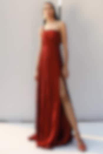 Red & Maroon One Shoulder Gown by Zwaan at Pernia's Pop Up Shop