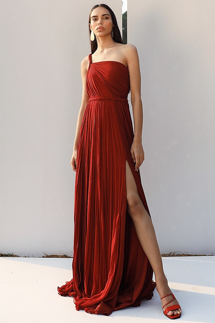 Red & Maroon One Shoulder Gown by Zwaan at Pernia's Pop Up Shop