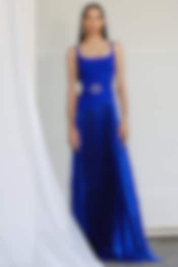 Blue Pleated flared Gown by Zwaan