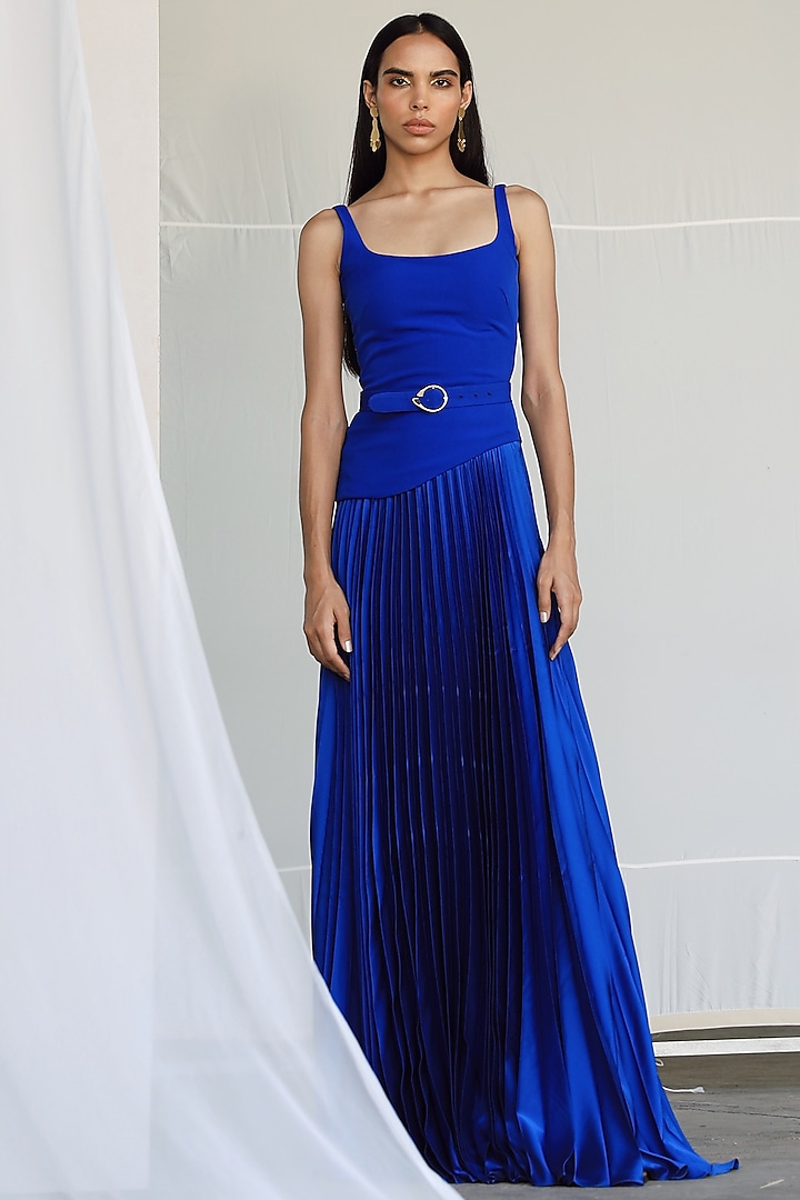 Blue Pleated flared Gown by Zwaan