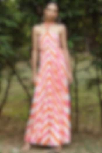Pink & Orange Striped Pleated Gown by Zwaan