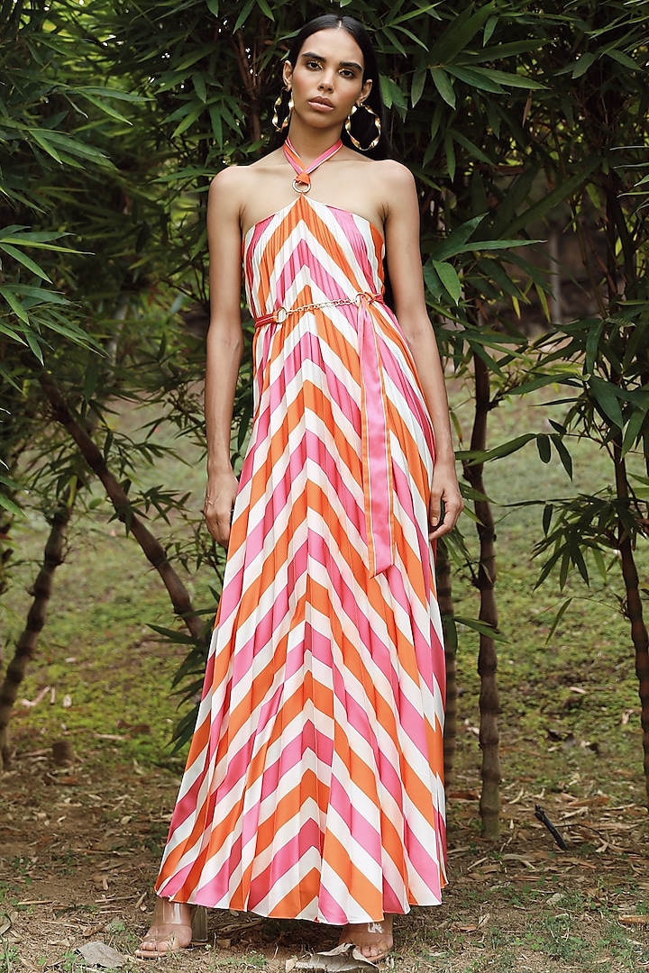 Pink & Orange Striped Pleated Gown by Zwaan