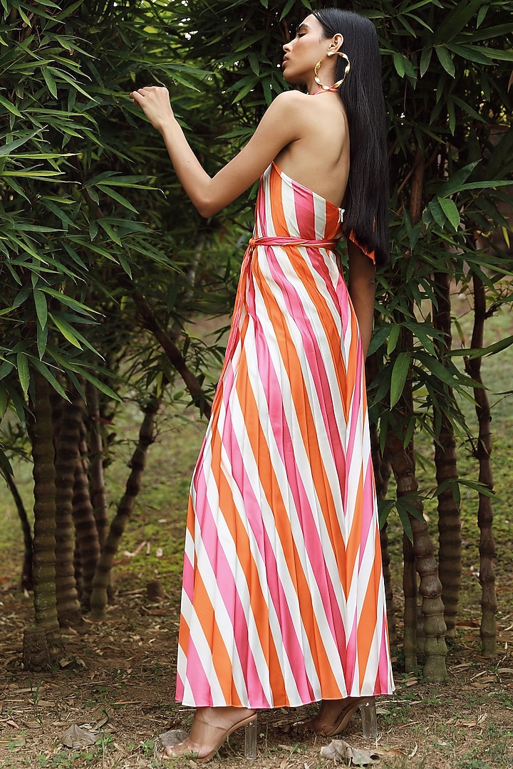 Pink & Orange Striped Pleated Gown by Zwaan at Pernia's Pop Up Shop