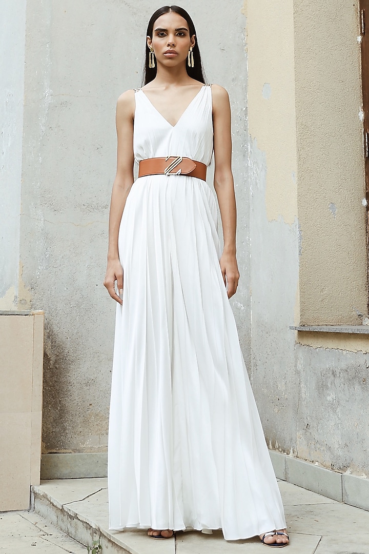 White Pleated Jumpsuit by Zwaan
