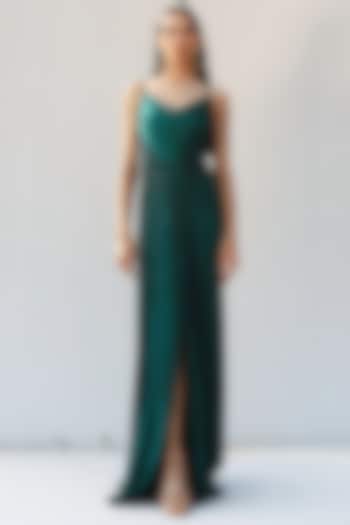 Bottle Green Handcrafted Pleated Draped Gown by Zwaan