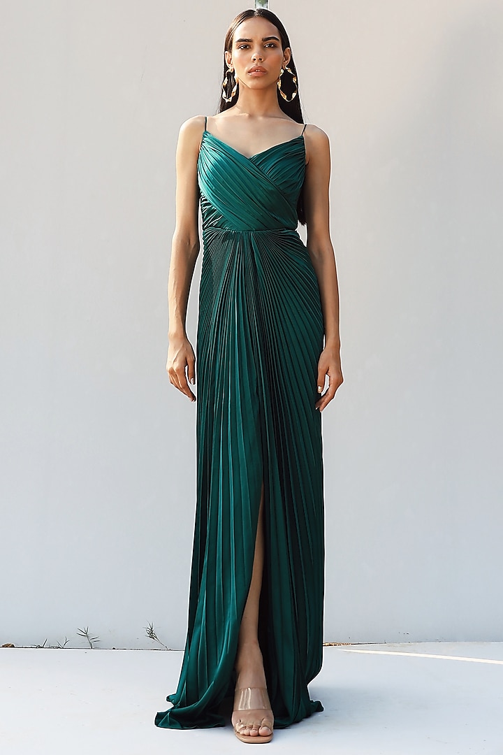 Bottle Green Handcrafted Pleated Draped Gown by Zwaan