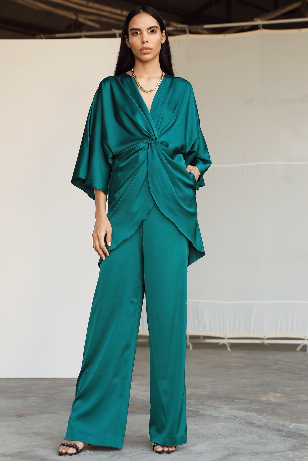 Pants Zara Emerald Green Satin Pants Bottle Green Lounge Pant Set