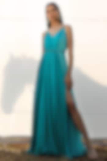 Teal Blue Paneled Gown by Zwaan