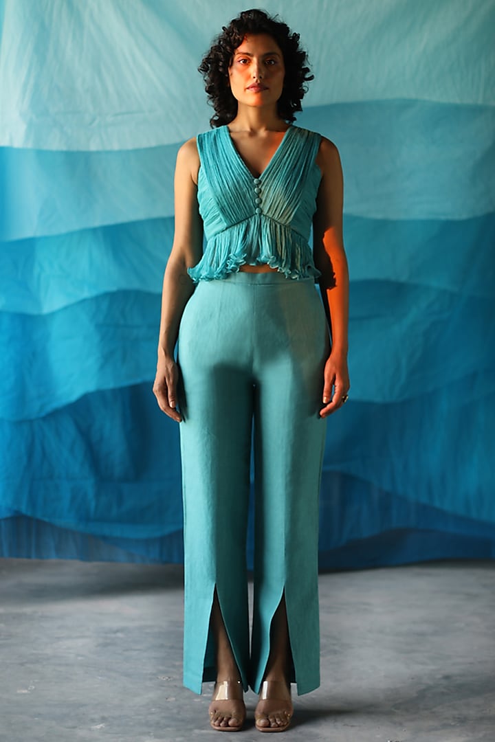 Teal Blue Cotton Linen Pant Set by Zwaan at Pernia's Pop Up Shop