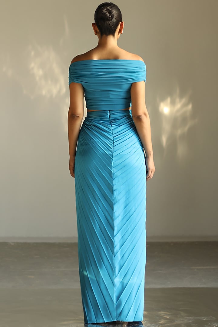 Blue Satin Pleated Skirt Set by Zwaan at Pernia's Pop Up Shop