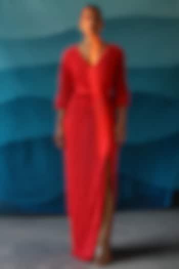 Red Satin Tapered Gown by Zwaan