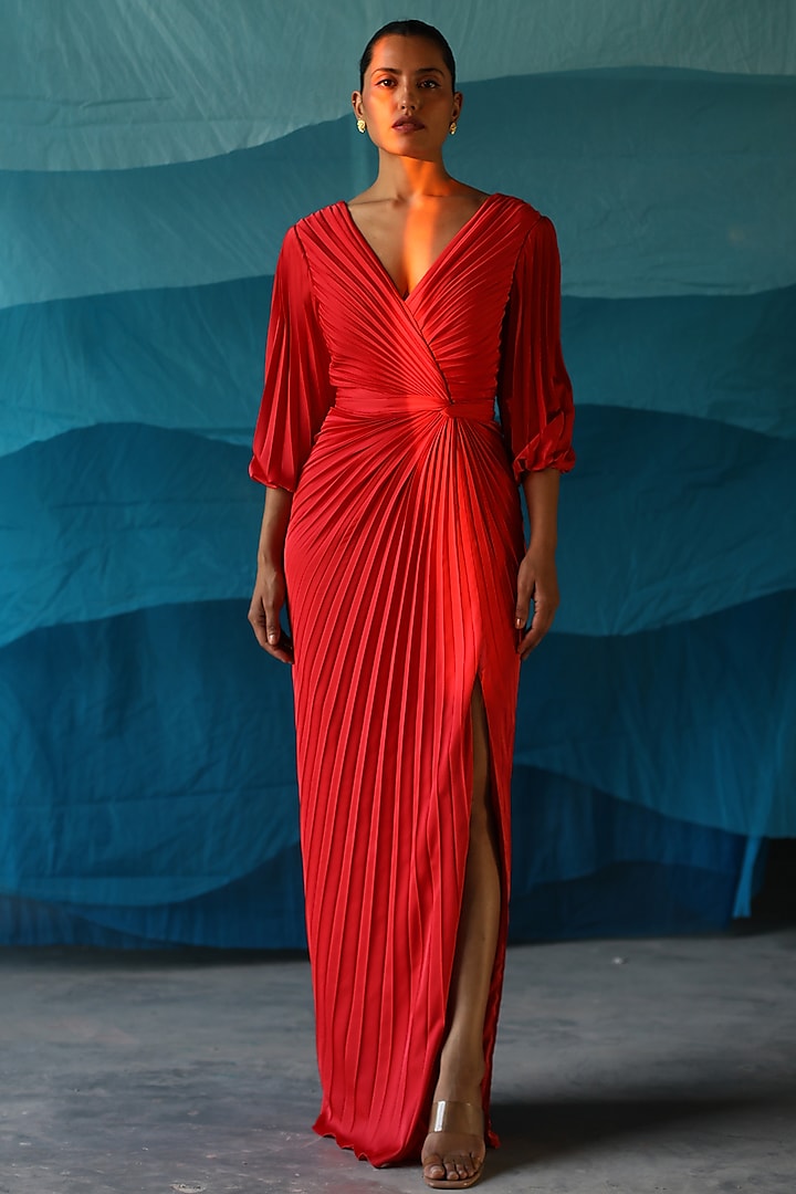 Red Satin Tapered Gown by Zwaan