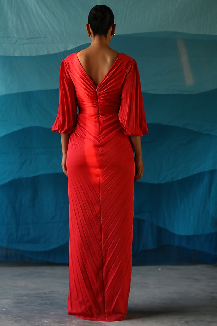 Red Satin Tapered Party Wear Gown by Zwaan at Pernia's Pop Up Shop