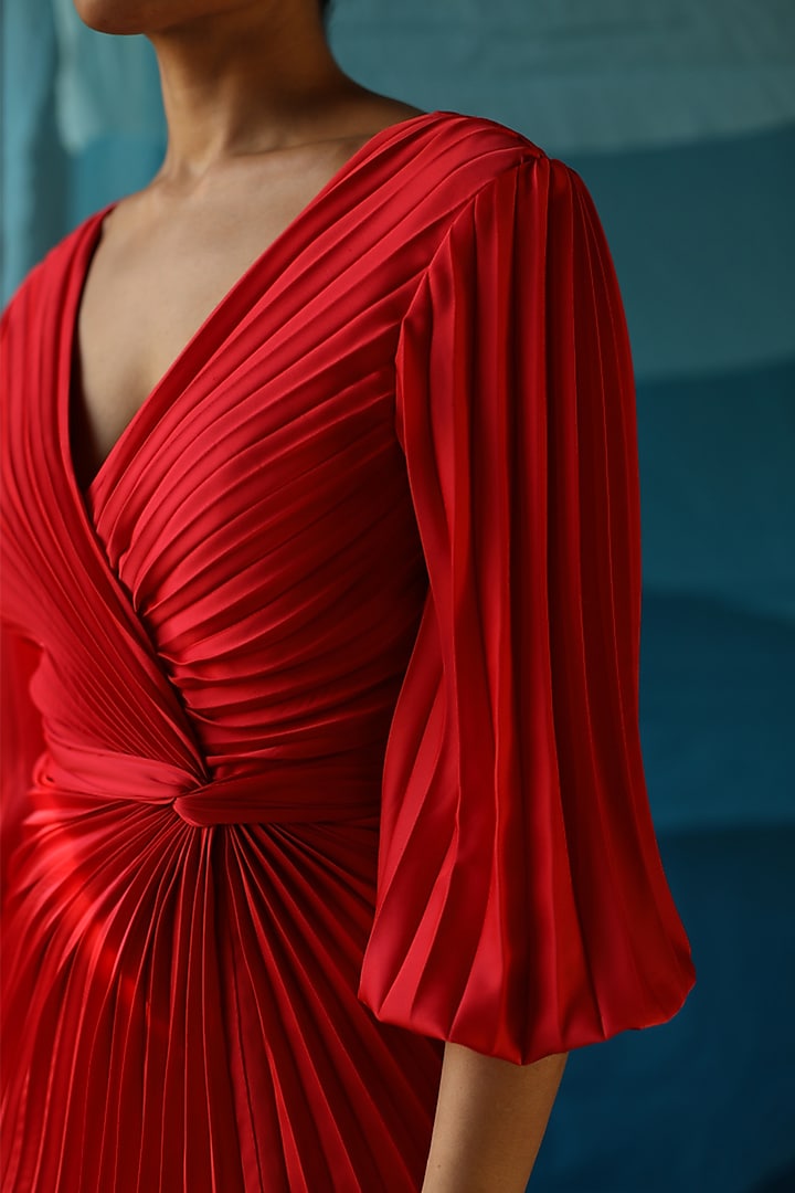 Red Satin Tapered Party Wear Gown by Zwaan at Pernia's Pop Up Shop