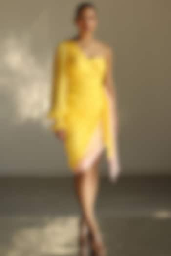 Yellow & Blush One-Shoulder Gown by Zwaan at Pernia's Pop Up Shop