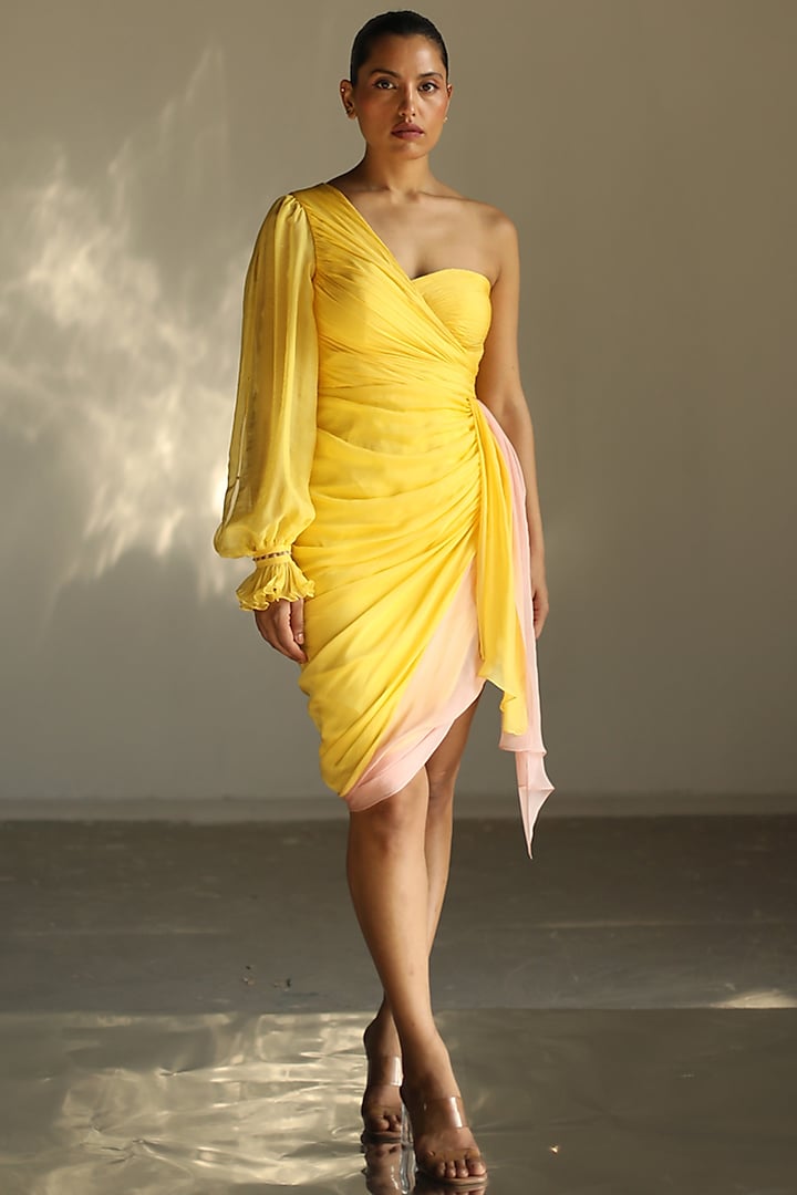 Yellow & Blush One-Shoulder Gown by Zwaan