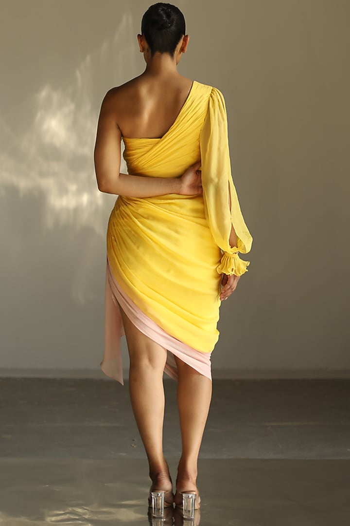 Yellow & Blush One-Shoulder Gown by Zwaan at Pernia's Pop Up Shop