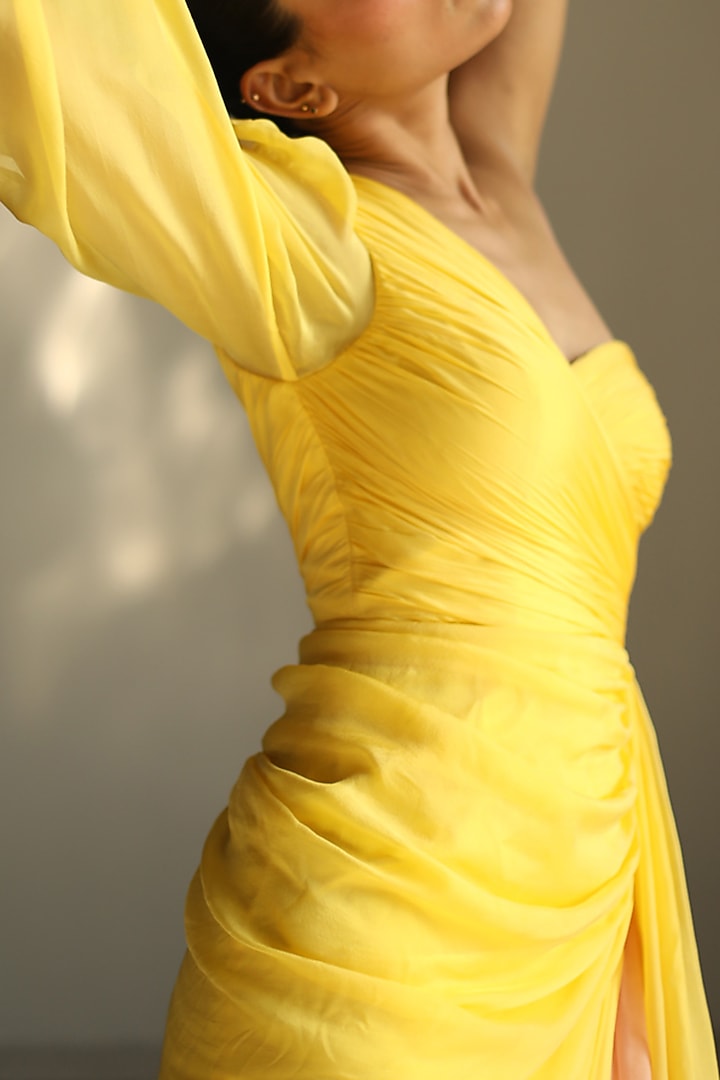 Yellow & Blush One-Shoulder Gown by Zwaan at Pernia's Pop Up Shop