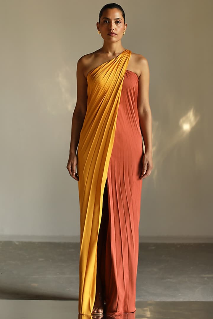 Yellow & Brown One-Shoulder Dress by Zwaan