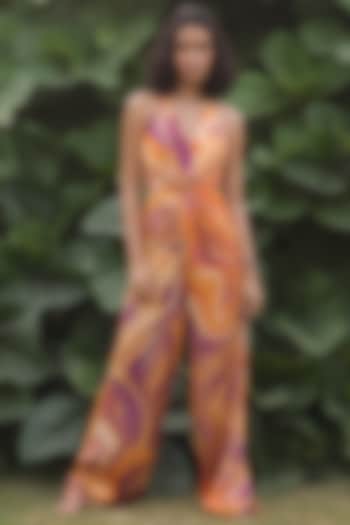 Orange & Purple Viscose Modal Satin Printed Jumpsuit by Zwaan