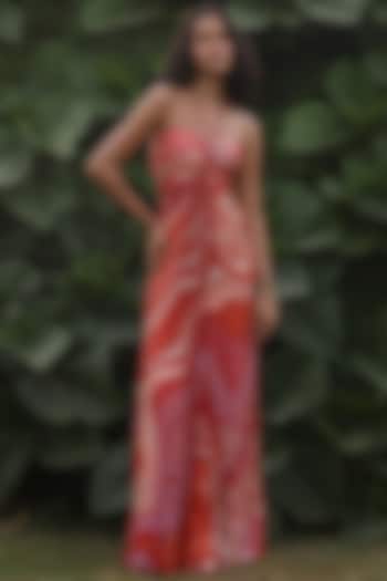 Red Poly Armani Satin Printed Draped Dress by Zwaan