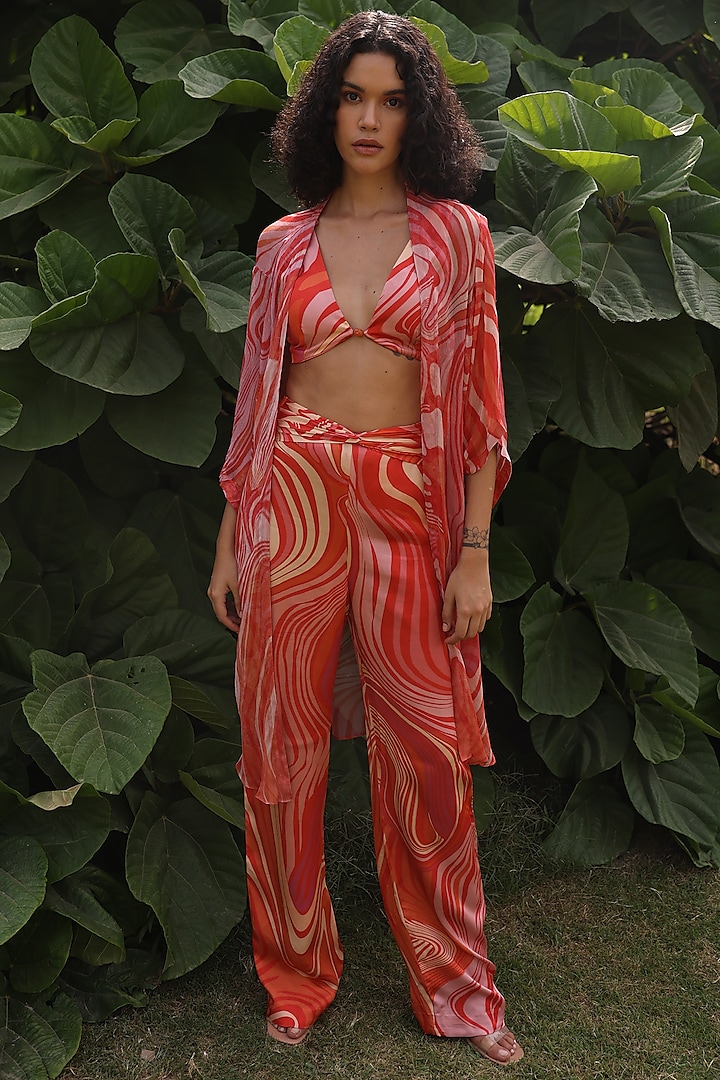 Red Viscose Wrinkle Chiffon Printed Cape Set by Zwaan at Pernia's Pop Up Shop