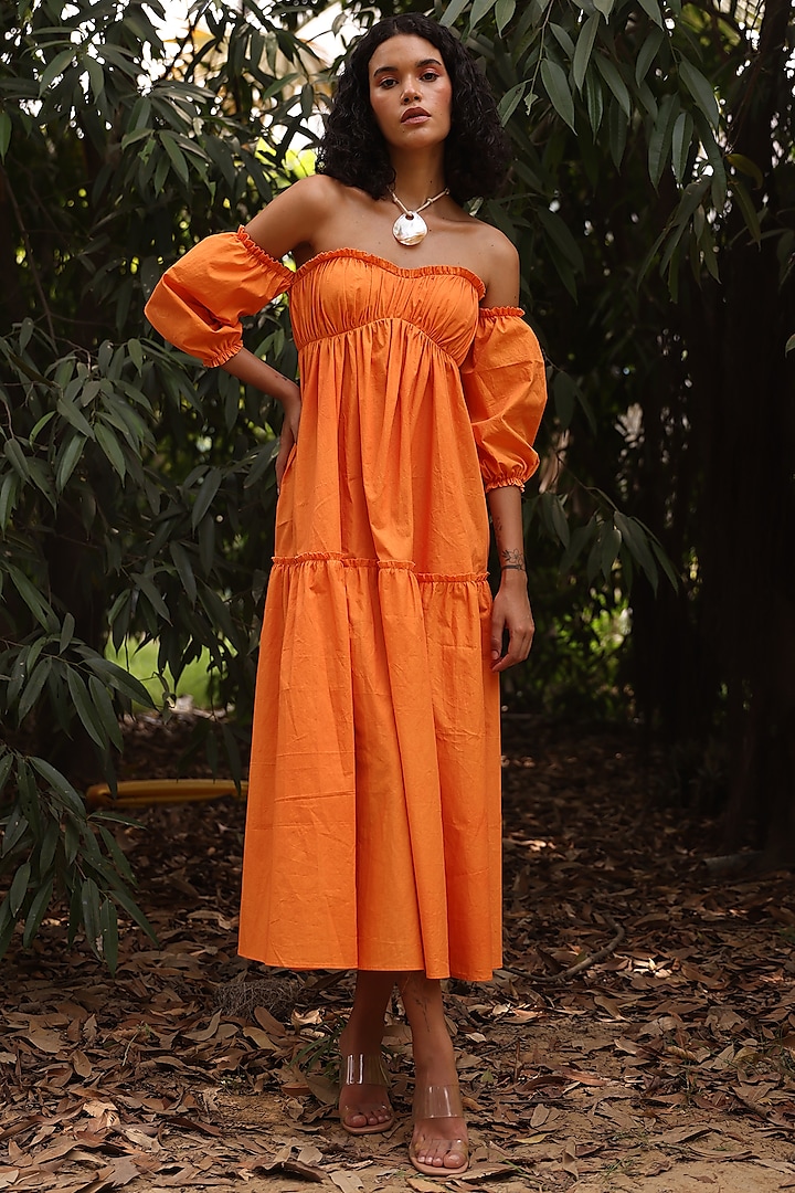 Orange Cotton Poplin Tiered Off-Shoulder Dress by Zwaan