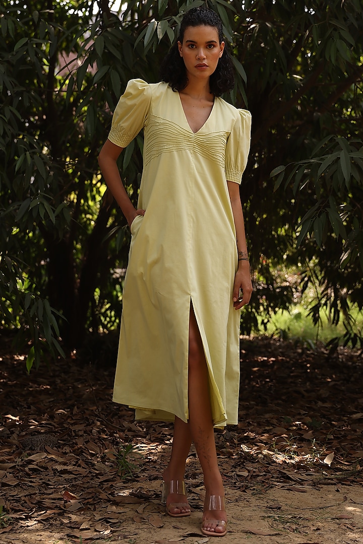 Lime Green Cotton Poplin A-Line Dress by Zwaan