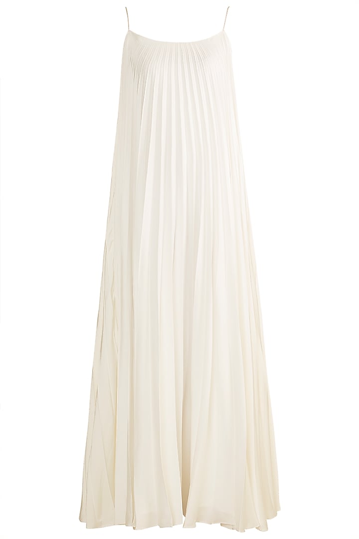 White Pleated Spaghetti Gown by Zwaan