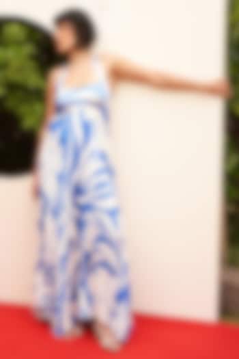 Blue & White Armani Satin Printed Halter Vacation Dress by Zwaan at Pernia's Pop Up Shop