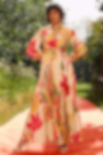 Beige & Mustard Armani Satin Printed Vacation Dress by Zwaan at Pernia's Pop Up Shop