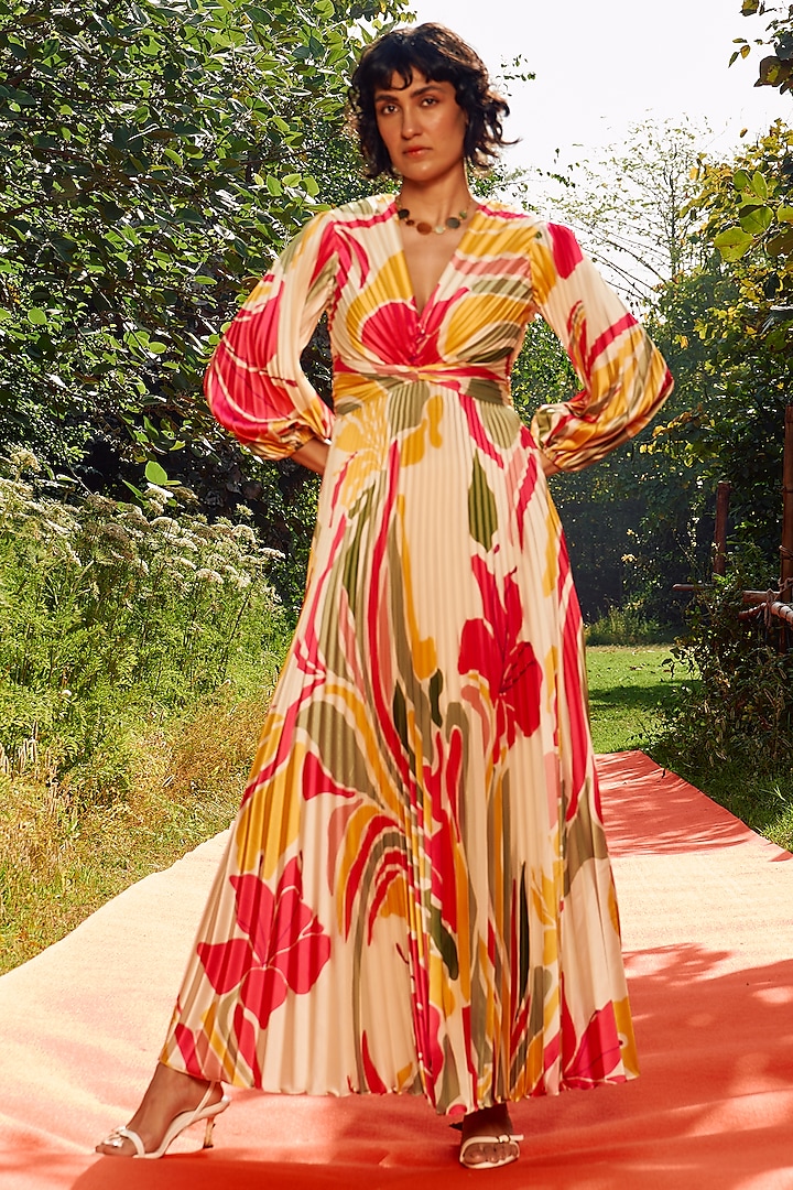 Beige & Mustard Armani Satin Printed Vacation Dress by Zwaan at Pernia's Pop Up Shop