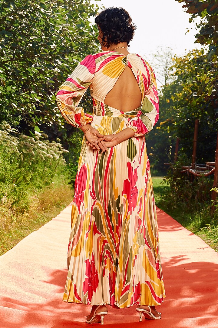 Beige & Mustard Armani Satin Printed Vacation Dress by Zwaan at Pernia's Pop Up Shop