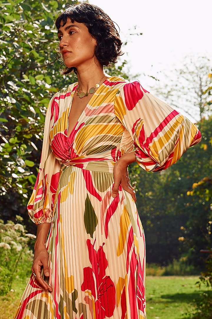 Beige & Mustard Armani Satin Printed Vacation Dress by Zwaan at Pernia's Pop Up Shop