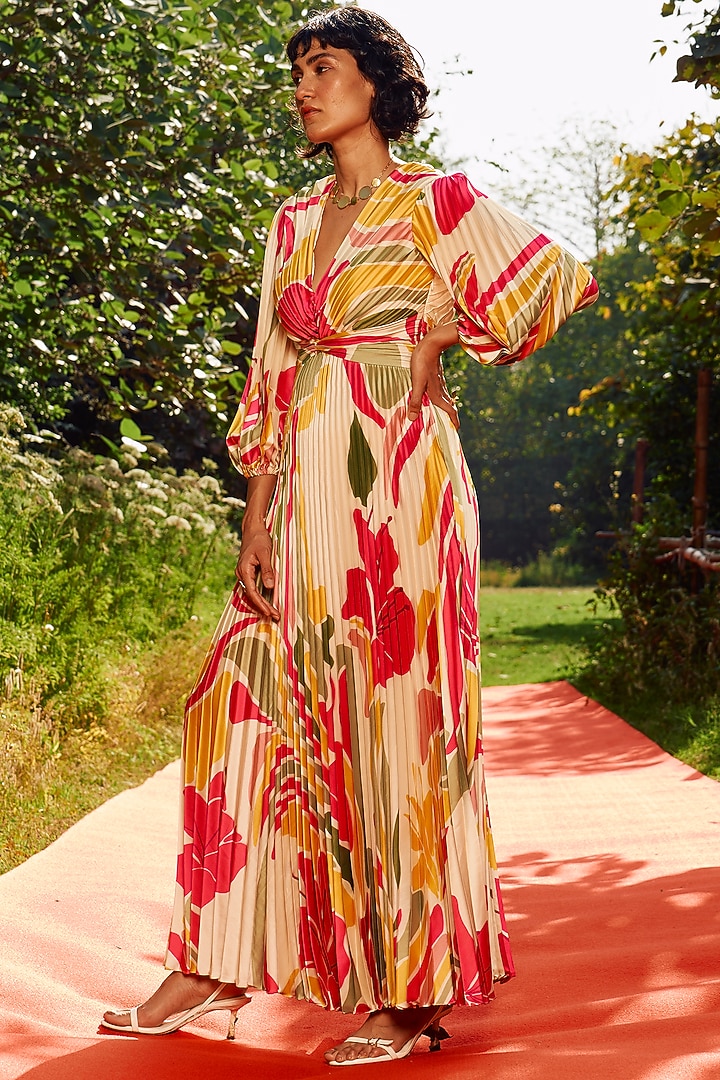 Beige & Mustard Armani Satin Printed Vacation Dress by Zwaan at Pernia's Pop Up Shop