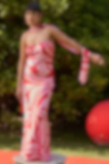 Red & Pink Armani Satin Printed Vacation Dress With Scarf by Zwaan at Pernia's Pop Up Shop