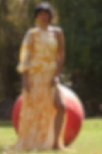 Yellow & White Tabby Silk One Shoulder Vacation Dress by Zwaan at Pernia's Pop Up Shop
