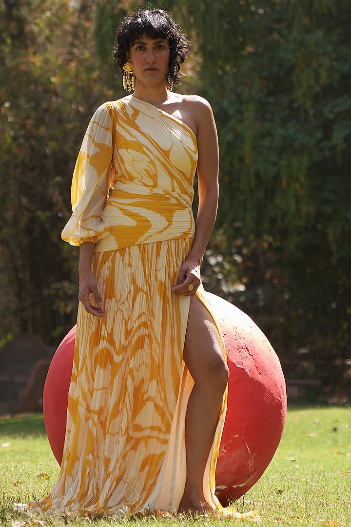 Yellow & White Tabby Silk One Shoulder Vacation Dress by Zwaan at Pernia's Pop Up Shop