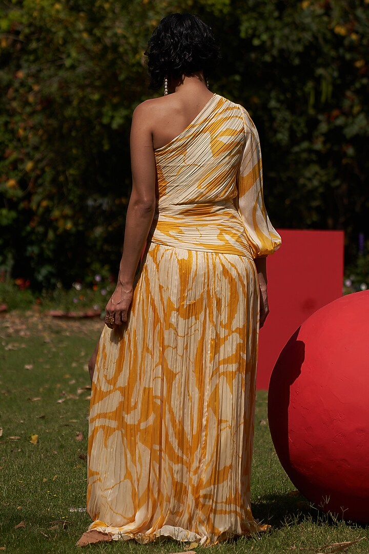 Yellow & White Tabby Silk One Shoulder Vacation Dress by Zwaan at Pernia's Pop Up Shop