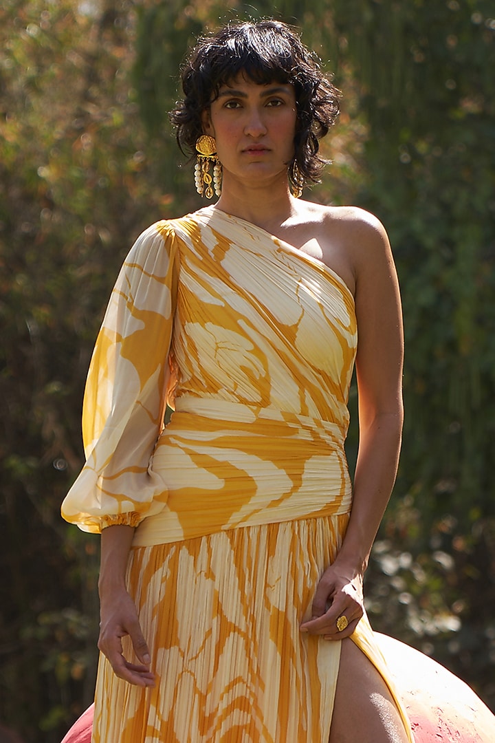 Yellow & White Tabby Silk One Shoulder Vacation Dress by Zwaan at Pernia's Pop Up Shop