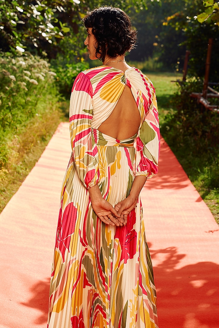 Multi-Colored Tabby Silk Printed Hand Pleated Vacation Dress by Zwaan at Pernia's Pop Up Shop